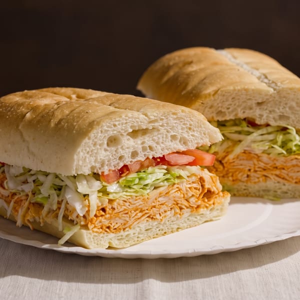 Two large subs with shredded chicken, lettuce, and tomatoes on a white plate.