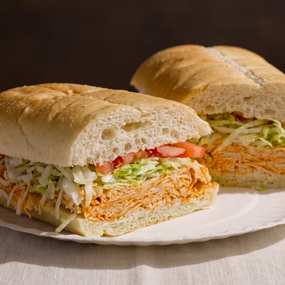 Two large subs with shredded chicken, lettuce, and tomatoes on a white plate.